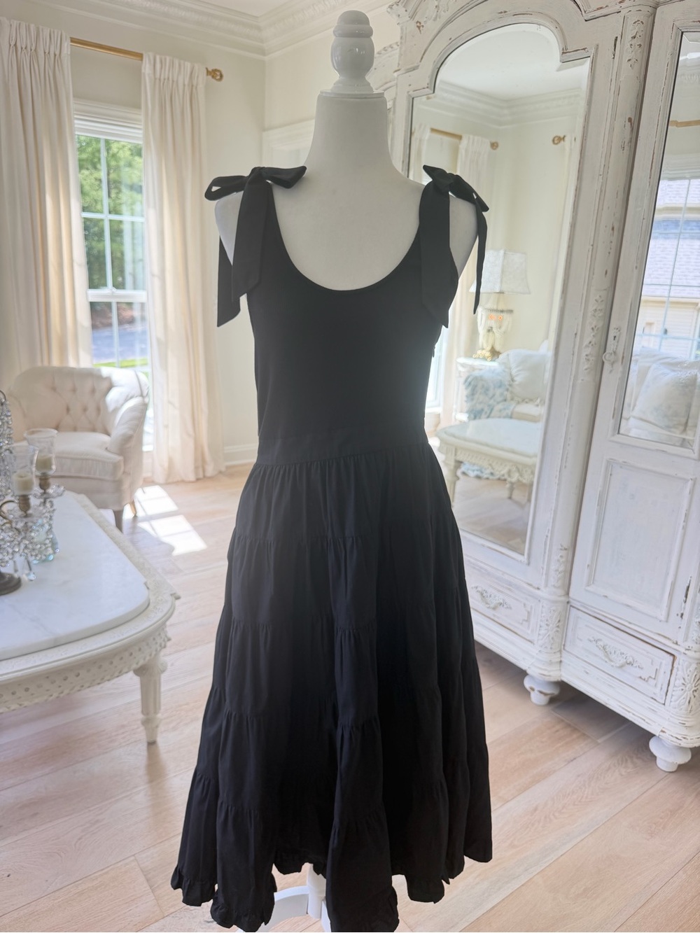 Chelsea & Violet Black Ribbed Tie-Shoulder Tiered Midi Dress